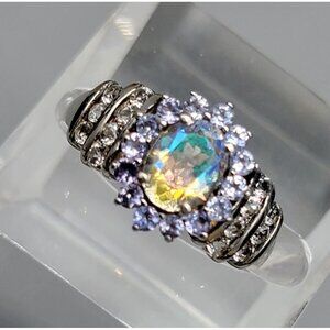 STS Australian Boulder Opal Tanzanite Sterling Ring 925 Silver Size 8 Rare Stone
